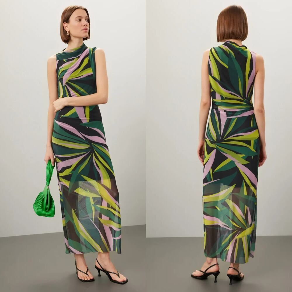 Donna Morgan Dress Abstract Printed Mesh Sleeveless Maxi Boydcon Multicolor 6